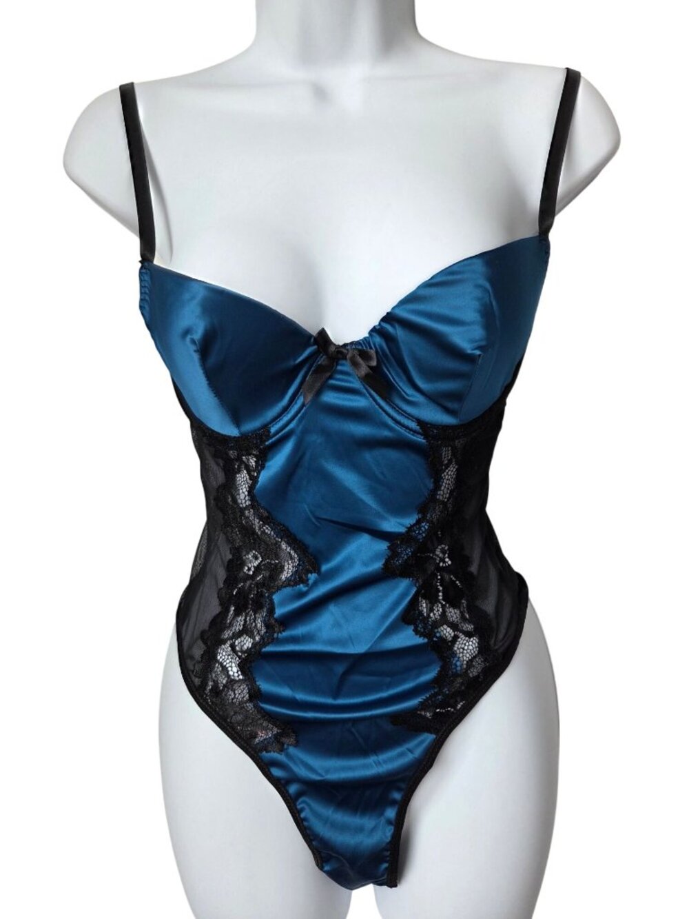 Fredericks Of Hollywood Beatrix Blue & Black Lace Satin Bodysuit Small
